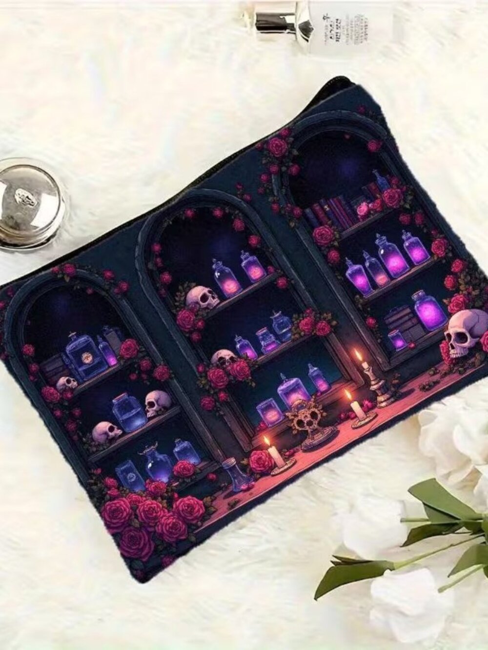 Halloween Dark Goth Skulls & Potions Makeup Bag Double-Sided 7.1"h" x 10.2"w